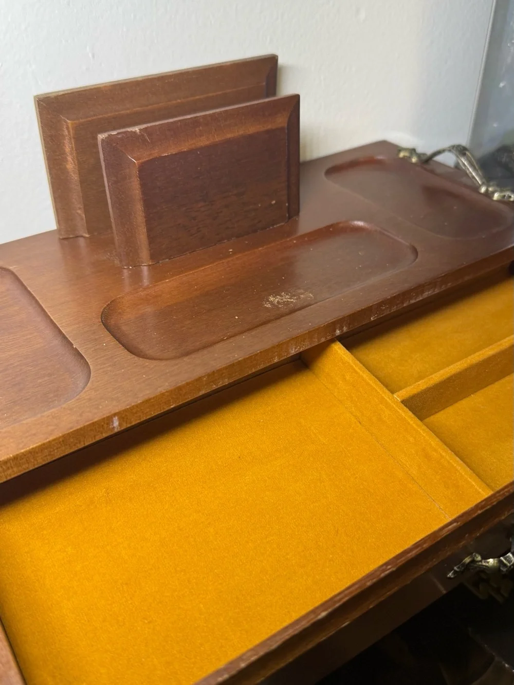 Vintage 1970s London Leather Wooden Valet Jewelry Box & Desk Organizer